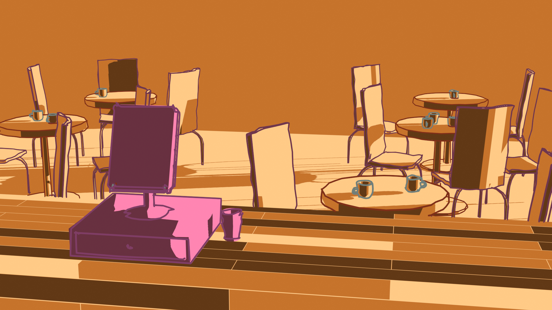 Pixel-art illustration of a coffee shop interior