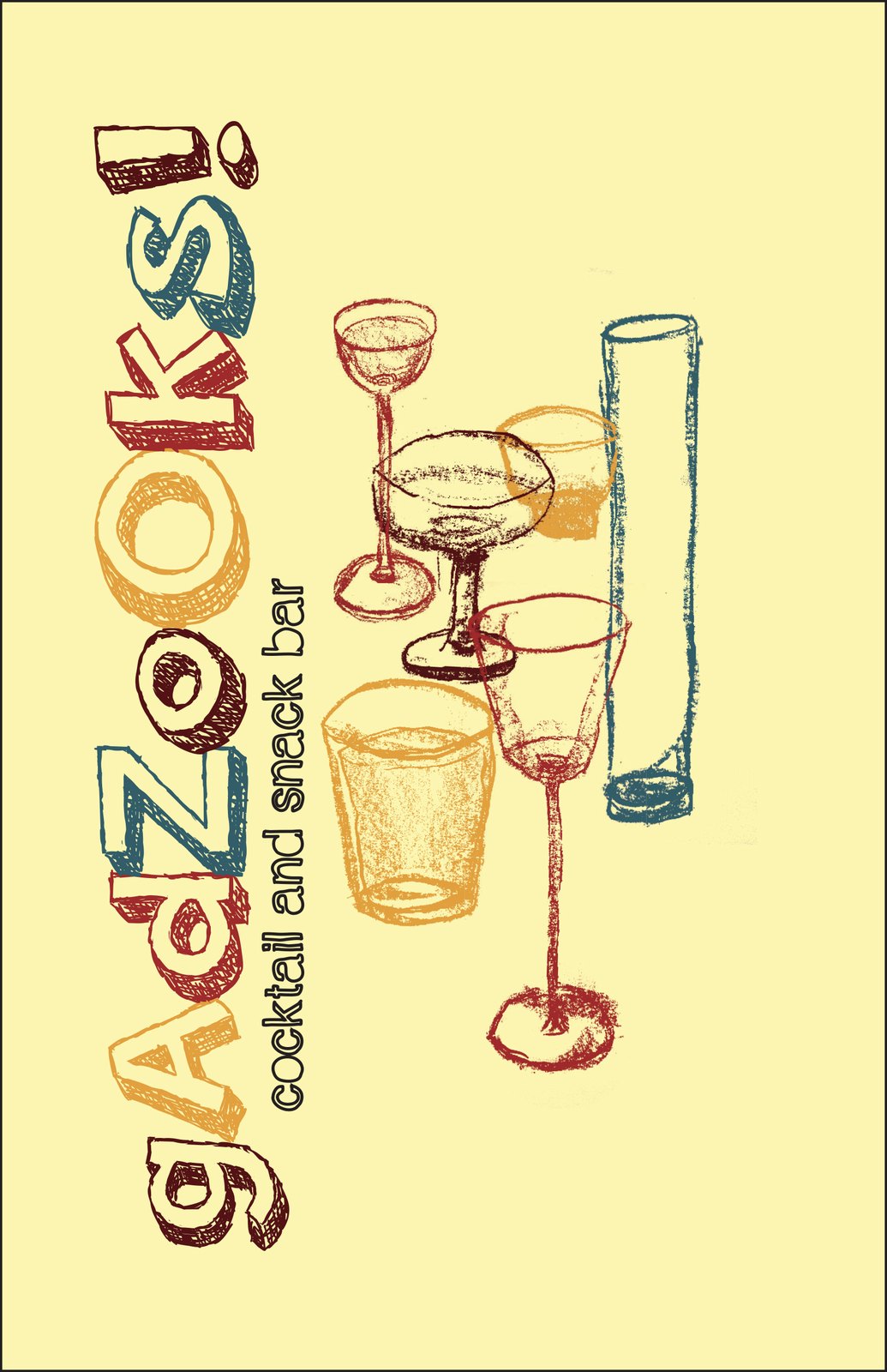 Hand-style menu design for Gadzooks!, a cocktail and snack bar, with loose illustrations of a coupe, a rocks glass, and a can beside playful hand-lettered type