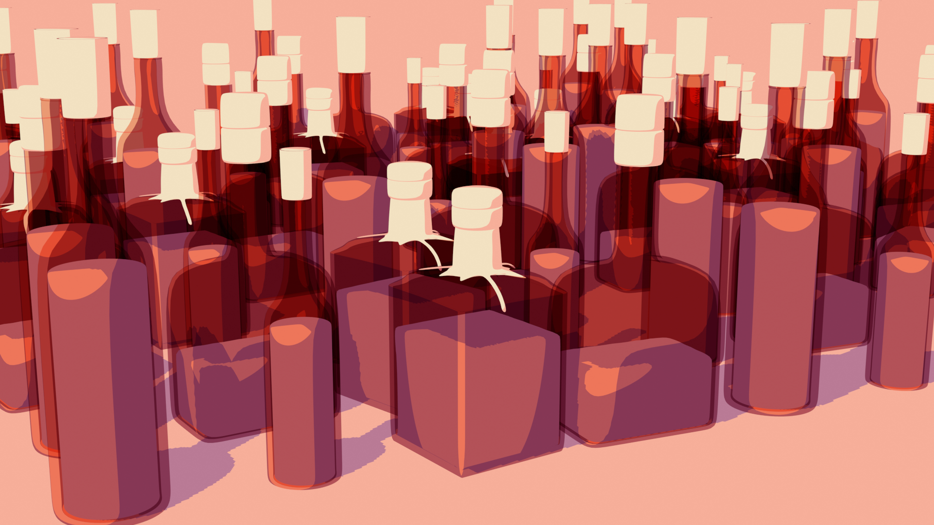 Pixel-art illustration of shelves lined with bottles