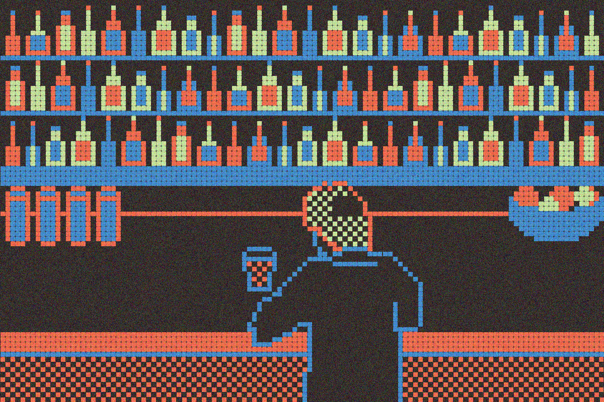 Pixel-art illustration of a bartender working behind a bar