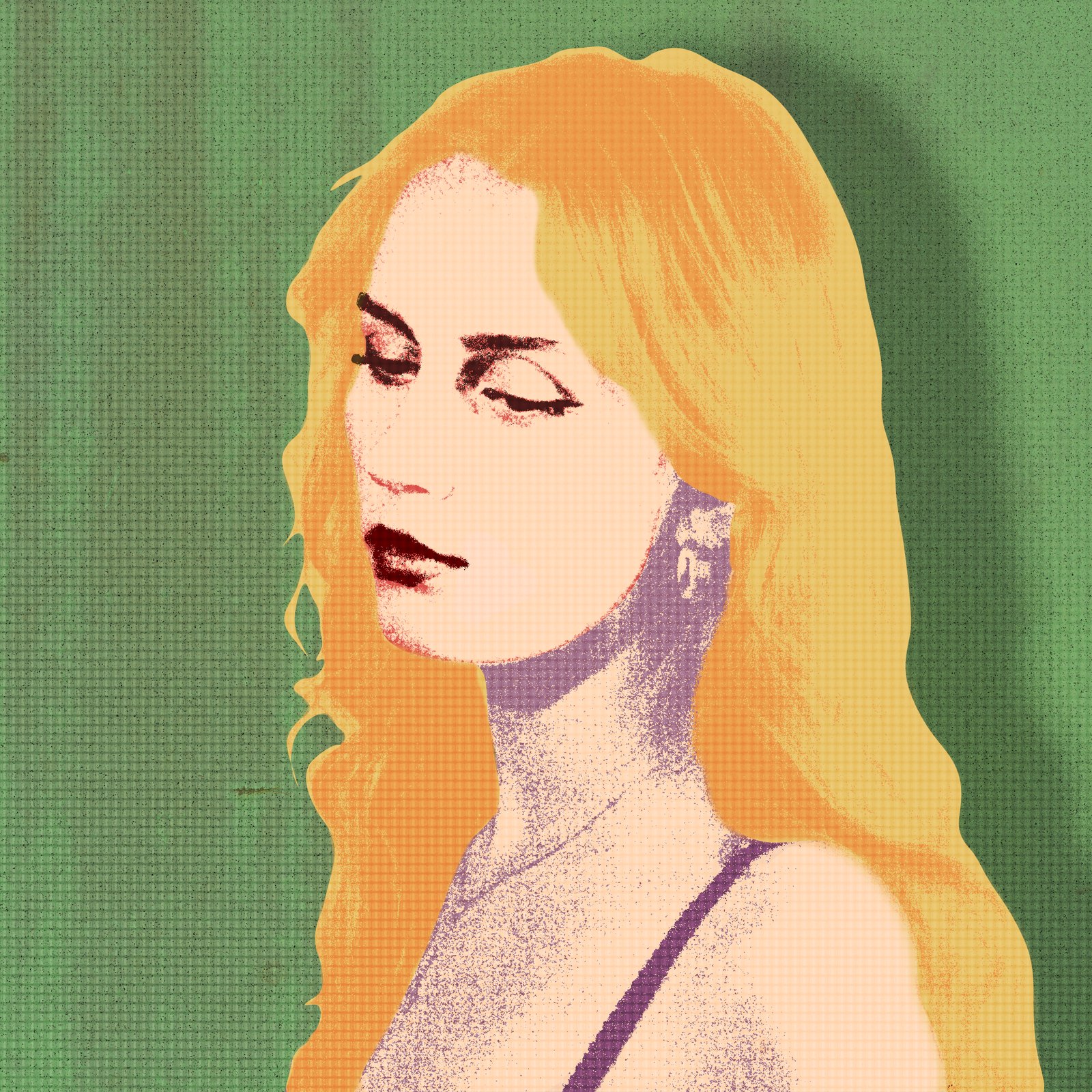 Posterized portrait of a woman named Callie in warm gold and violet halftone tones against a sage-green background, eyes downcast
